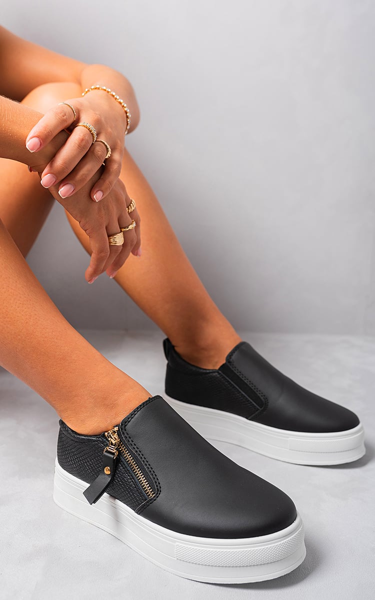 Zipper Decor Slip On Trainers - Black River UK