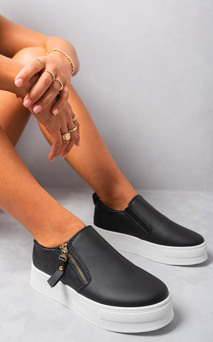 Zipper Decor Slip On Trainers - Black River UK