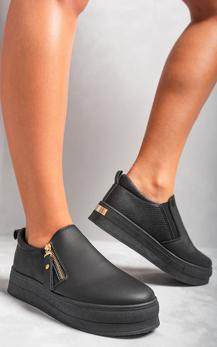 Zipper Decor Slip On Trainers - Black River UK