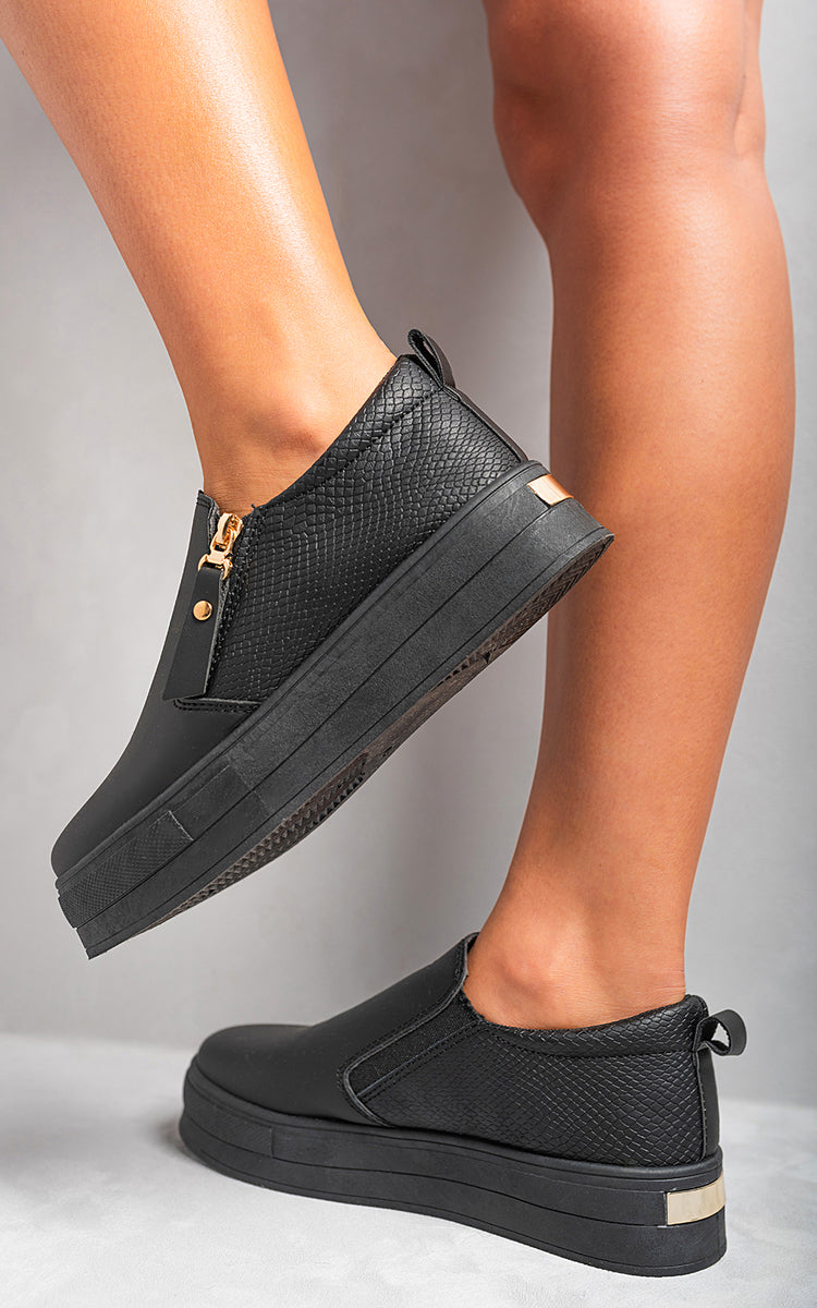 Zipper Decor Slip On Trainers - Black River UK