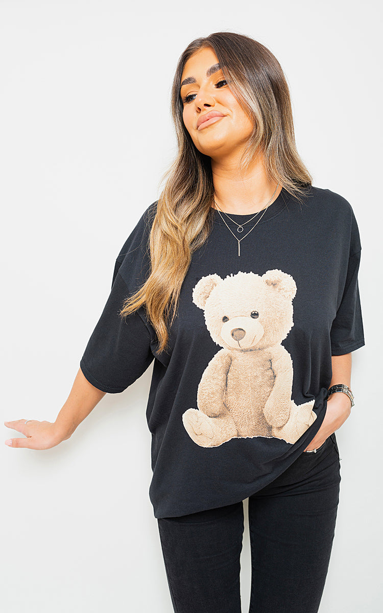 Short Sleeve Teddy Bear Printed Oversized Casual Top - Black River UK