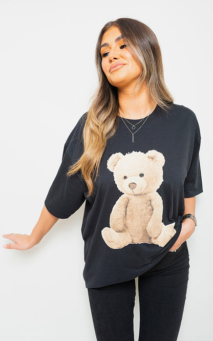 Short Sleeve Teddy Bear Printed Oversized Casual Top - Black River UK