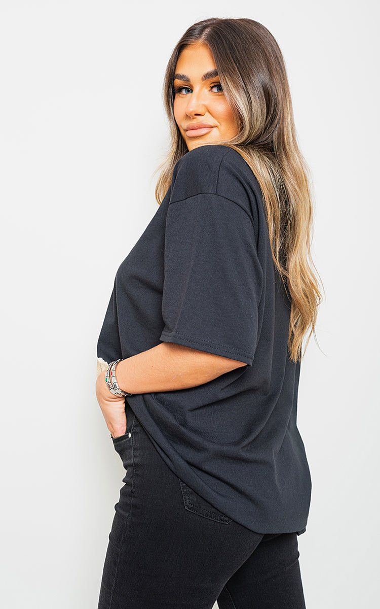 Short Sleeve Teddy Bear Printed Oversized Casual Top - Black River UK