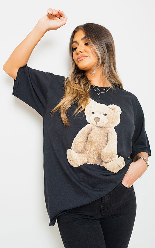 Short Sleeve Teddy Bear Printed Oversized Casual Top - Black River UK