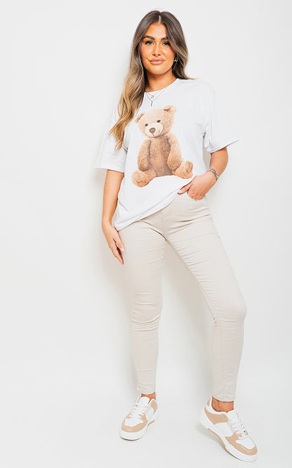 Short Sleeve Teddy Bear Printed Oversized Casual Top - Black River UK