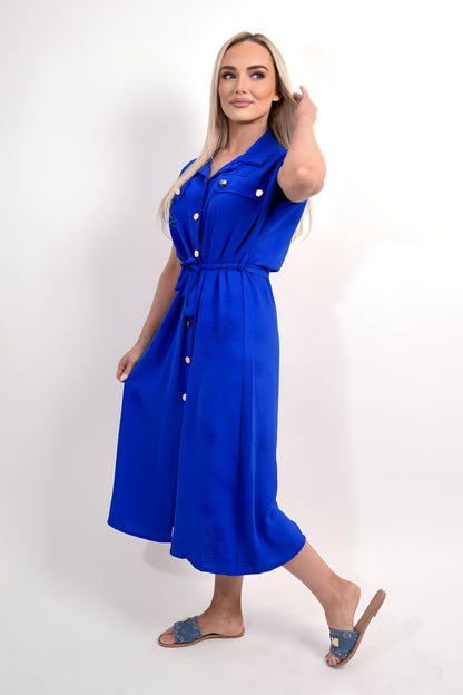 Collared Button Down Short Sleeve Tie Waist Midi Dress - Black River UK