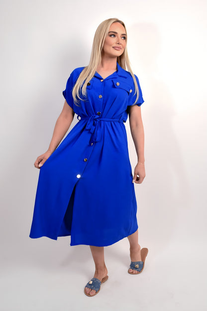 Collared Button Down Short Sleeve Tie Waist Midi Dress - Black River UK