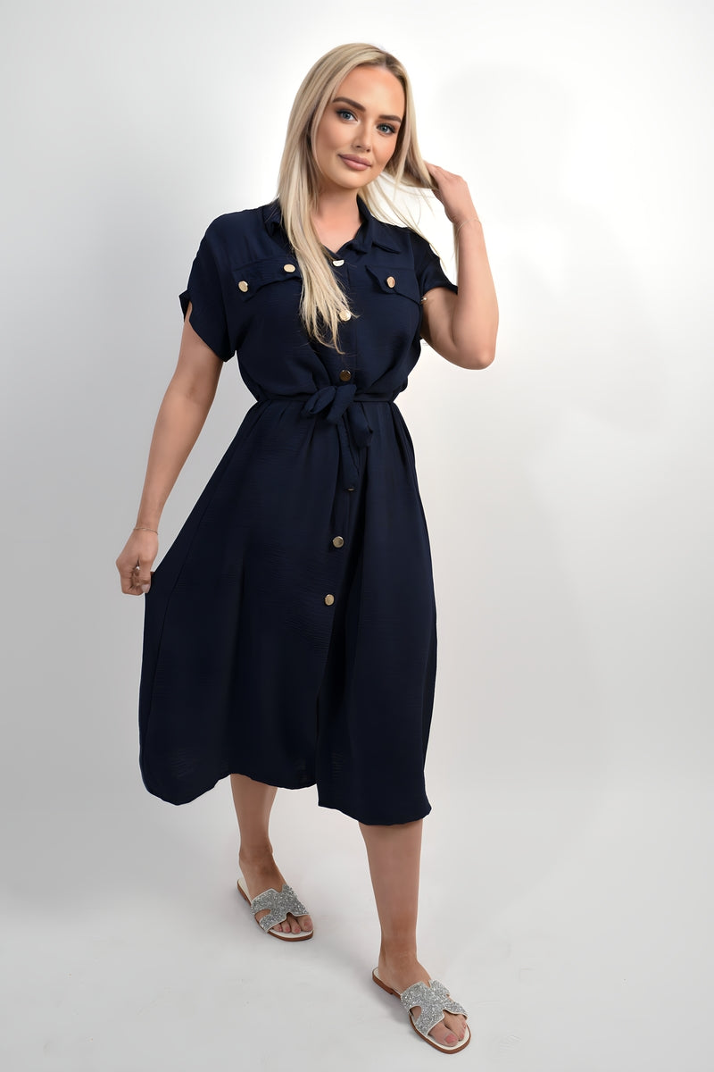 Collared Button Down Short Sleeve Tie Waist Midi Dress - Black River UK
