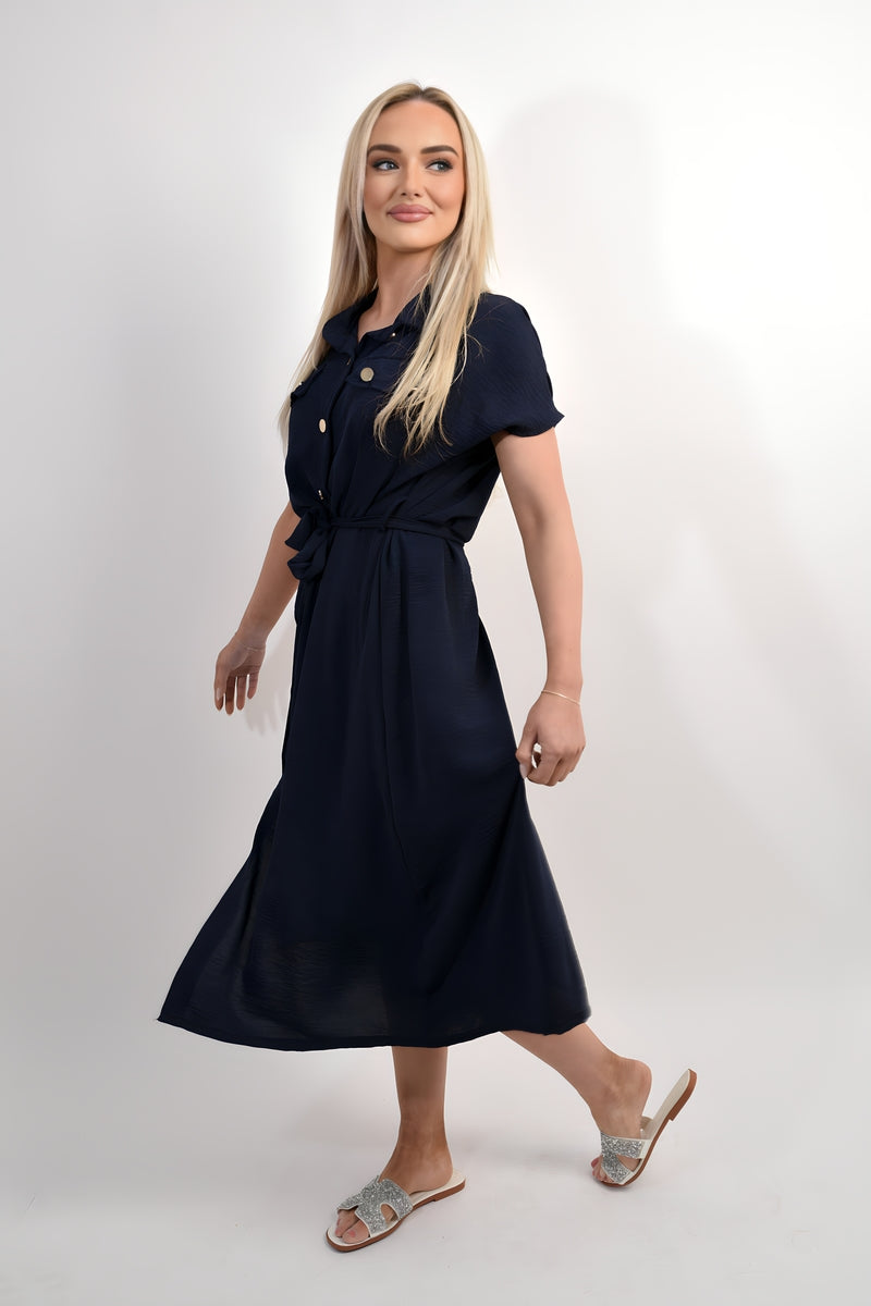 Collared Button Down Short Sleeve Tie Waist Midi Dress - Black River UK