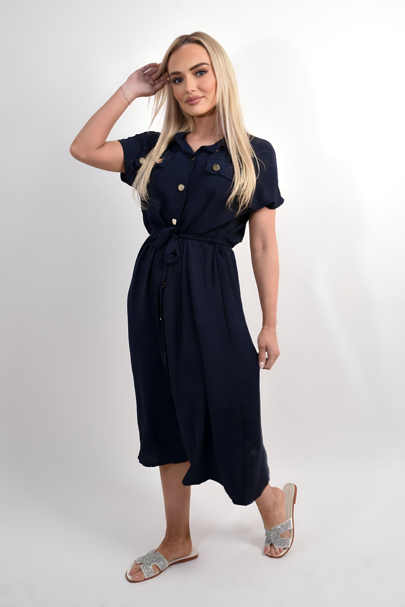 Collared Button Down Short Sleeve Tie Waist Midi Dress - Black River UK