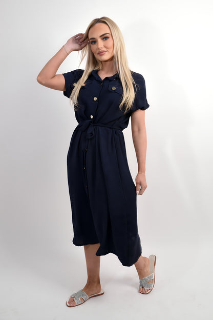 Collared Button Down Short Sleeve Tie Waist Midi Dress - Black River UK