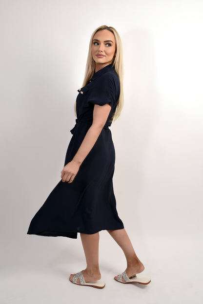 Collared Button Down Short Sleeve Tie Waist Midi Dress - Black River UK