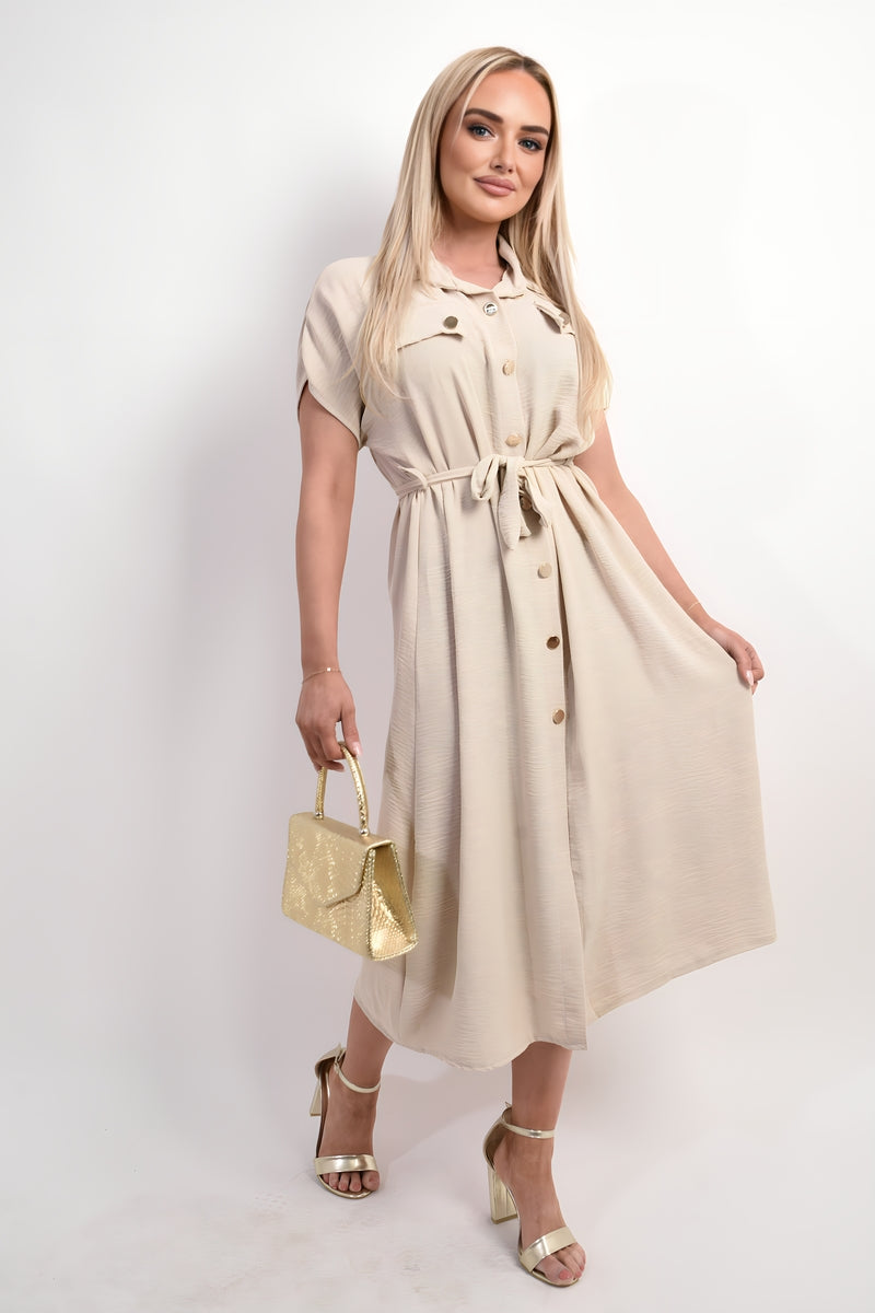 Collared Button Down Short Sleeve Tie Waist Midi Dress - Black River UK