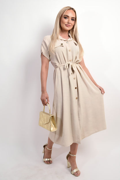 Collared Button Down Short Sleeve Tie Waist Midi Dress - Black River UK