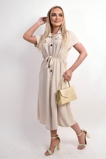Collared Button Down Short Sleeve Tie Waist Midi Dress - Black River UK