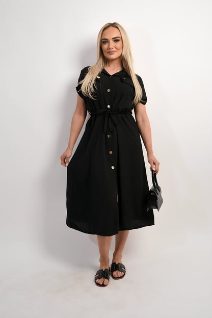 Collared Button Down Short Sleeve Tie Waist Midi Dress - Black River UK