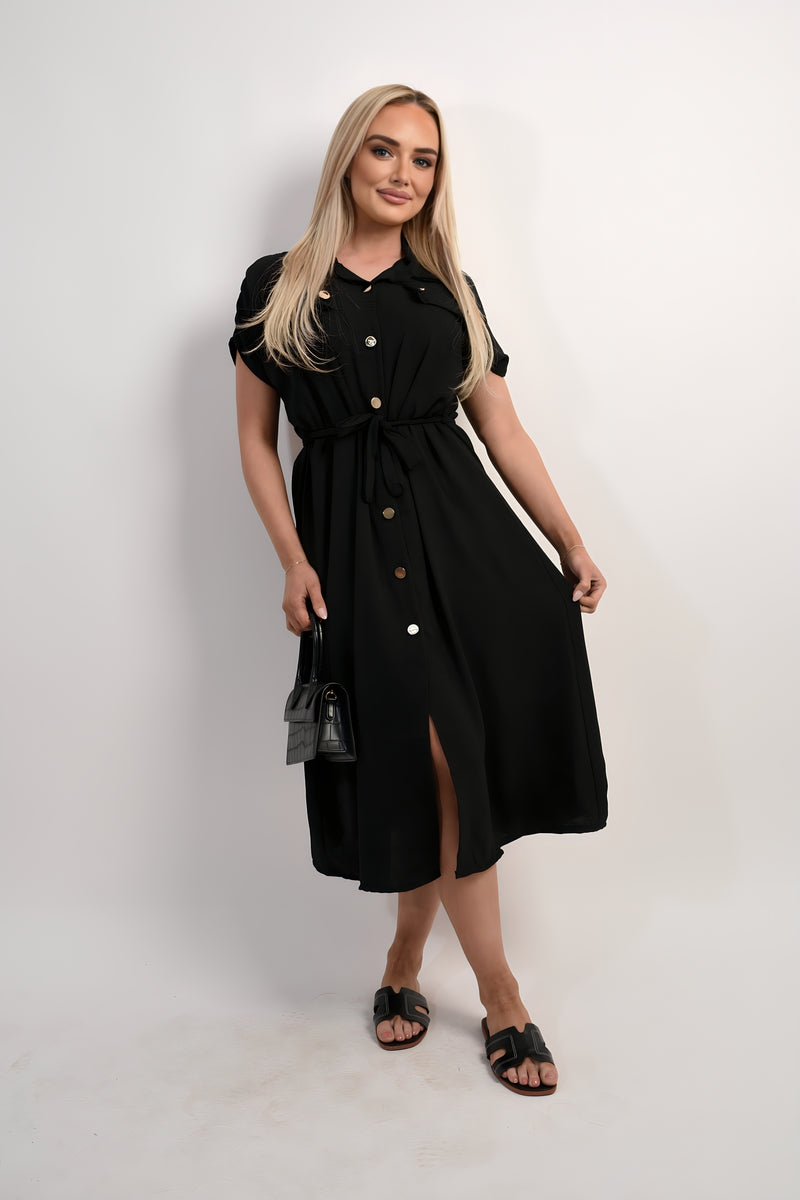 Collared Button Down Short Sleeve Tie Waist Midi Dress - Black River UK
