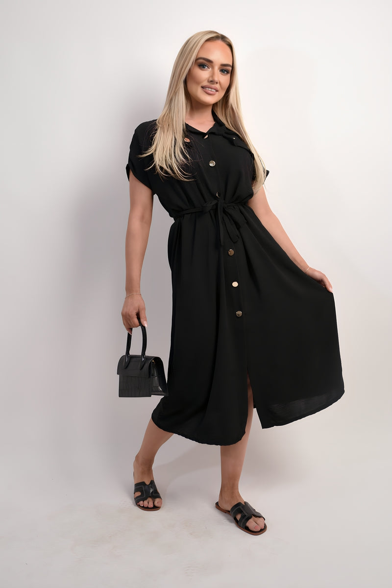 Collared Button Down Short Sleeve Tie Waist Midi Dress - Black River UK