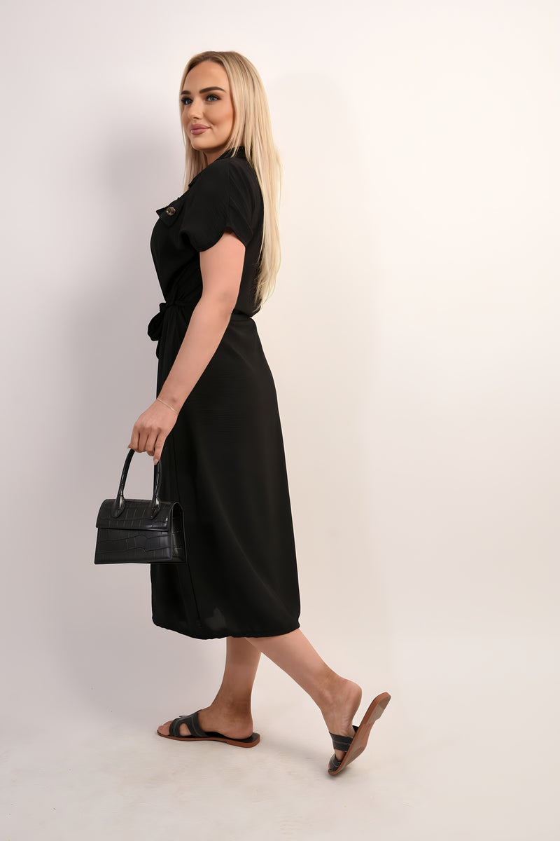 Collared Button Down Short Sleeve Tie Waist Midi Dress - Black River UK