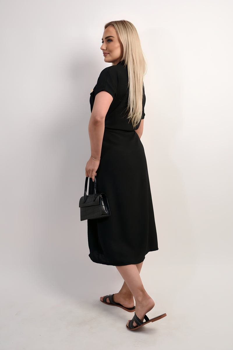 Collared Button Down Short Sleeve Tie Waist Midi Dress - Black River UK