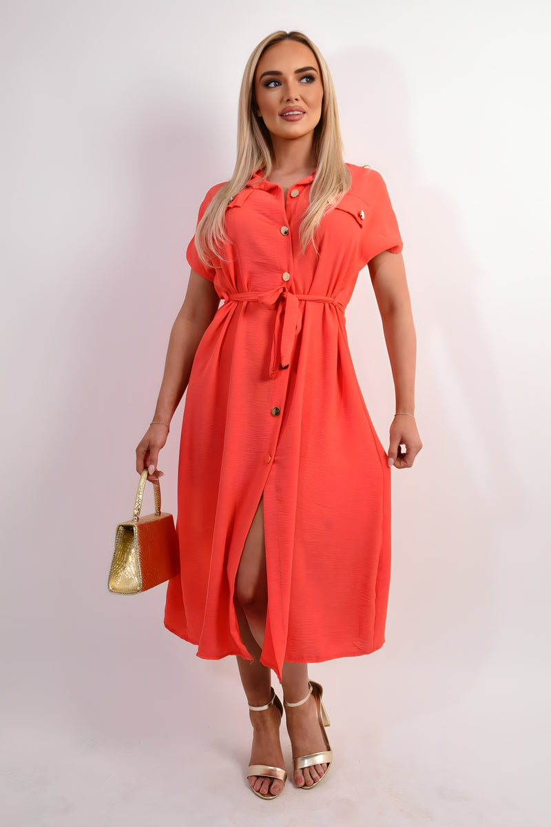 Collared Button Down Short Sleeve Tie Waist Midi Dress - Black River UK