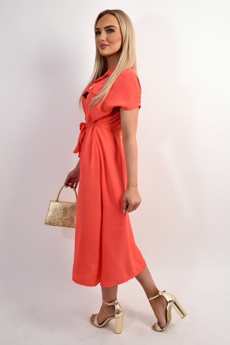 Collared Button Down Short Sleeve Tie Waist Midi Dress - Black River UK