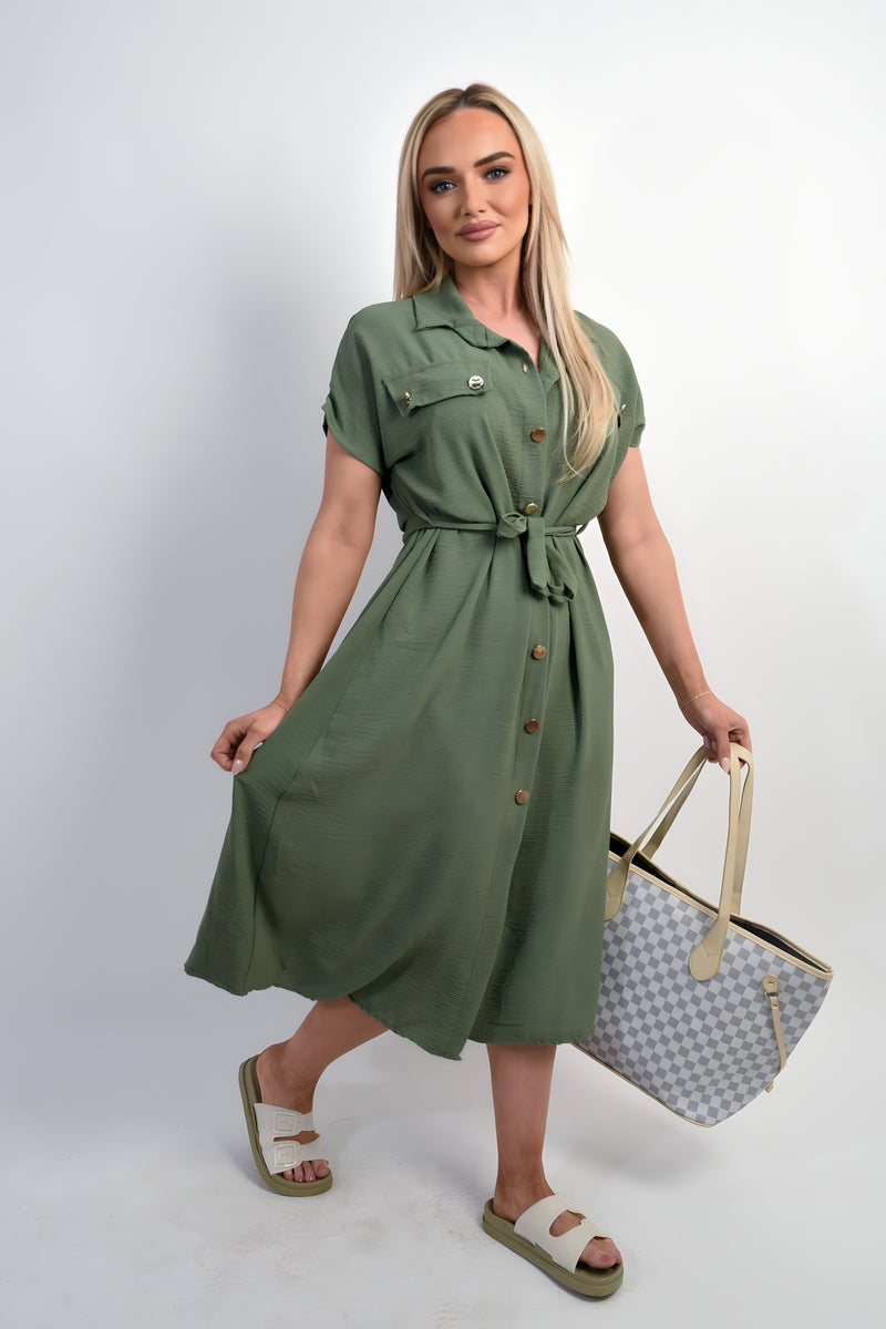 Collared Button Down Short Sleeve Tie Waist Midi Dress - Black River UK