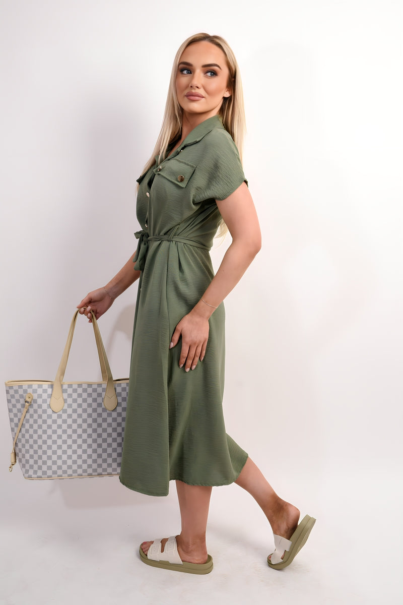 Collared Button Down Short Sleeve Tie Waist Midi Dress - Black River UK