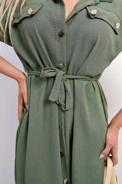 Collared Button Down Short Sleeve Tie Waist Midi Dress - Black River UK