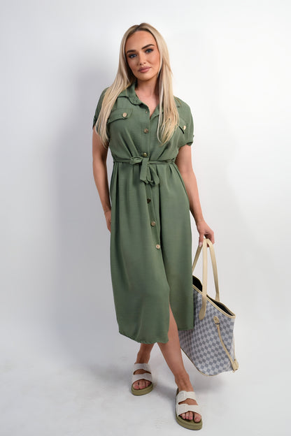 Collared Button Down Short Sleeve Tie Waist Midi Dress - Black River UK