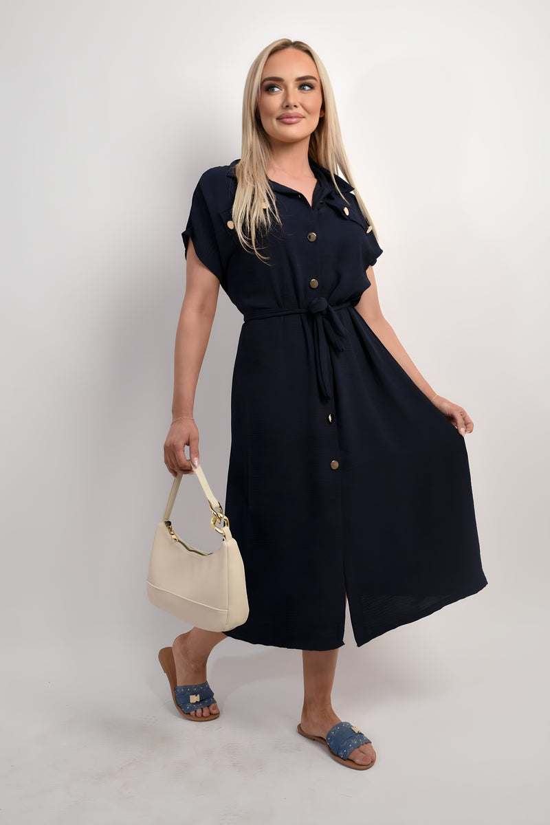 Collared Button Down Short Sleeve Tie Waist Midi Dress - Black River UK