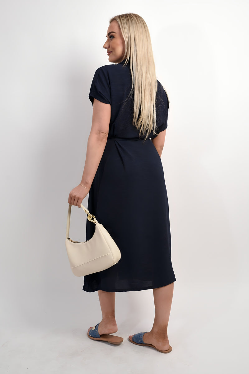Collared Button Down Short Sleeve Tie Waist Midi Dress - Black River UK
