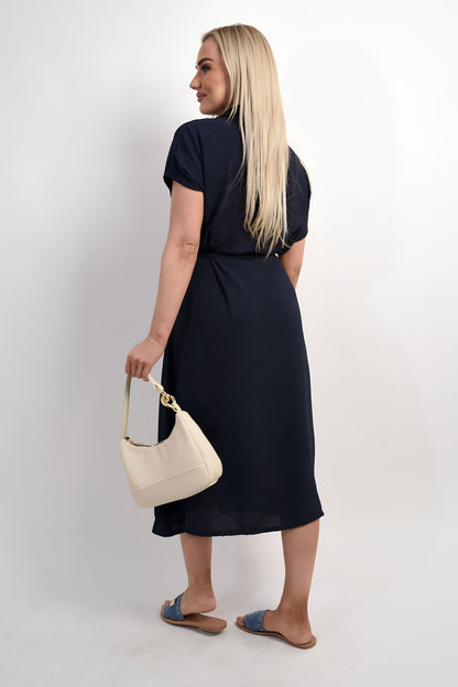 Collared Button Down Short Sleeve Tie Waist Midi Dress - Black River UK