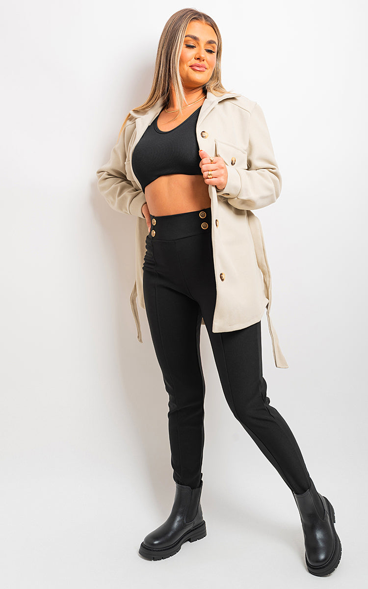 Elastic Waist Button Detail Leggings - Black River UK