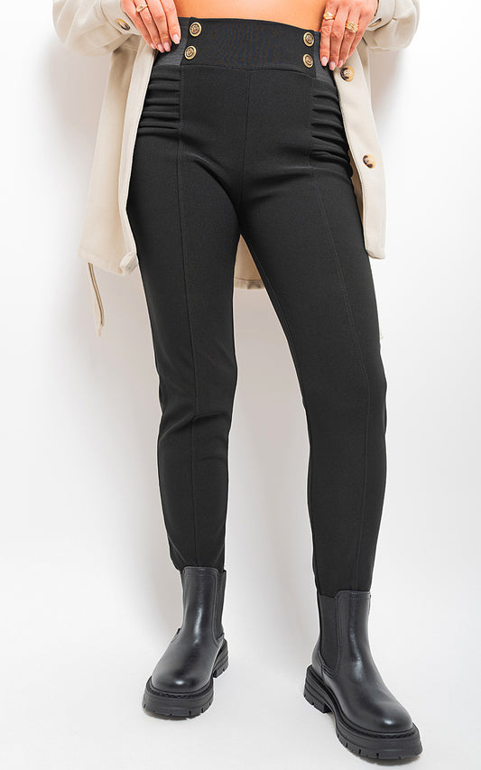 Elastic Waist Button Detail Leggings - Black River UK