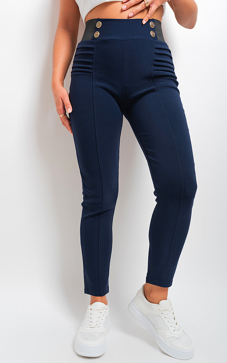 Elastic Waist Button Detail Leggings - Black River UK