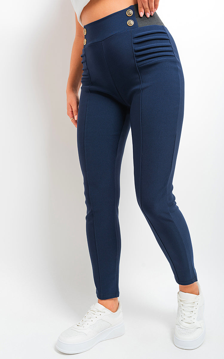 Elastic Waist Button Detail Leggings - Black River UK