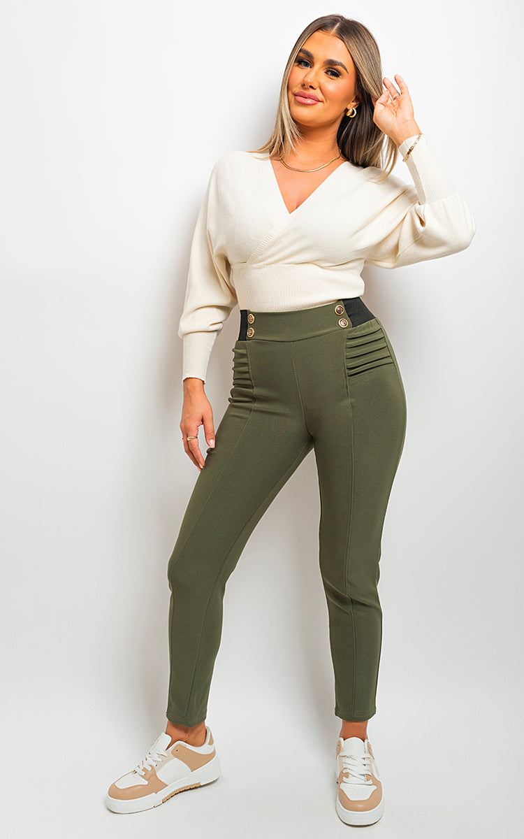 Elastic Waist Button Detail Leggings - Black River UK