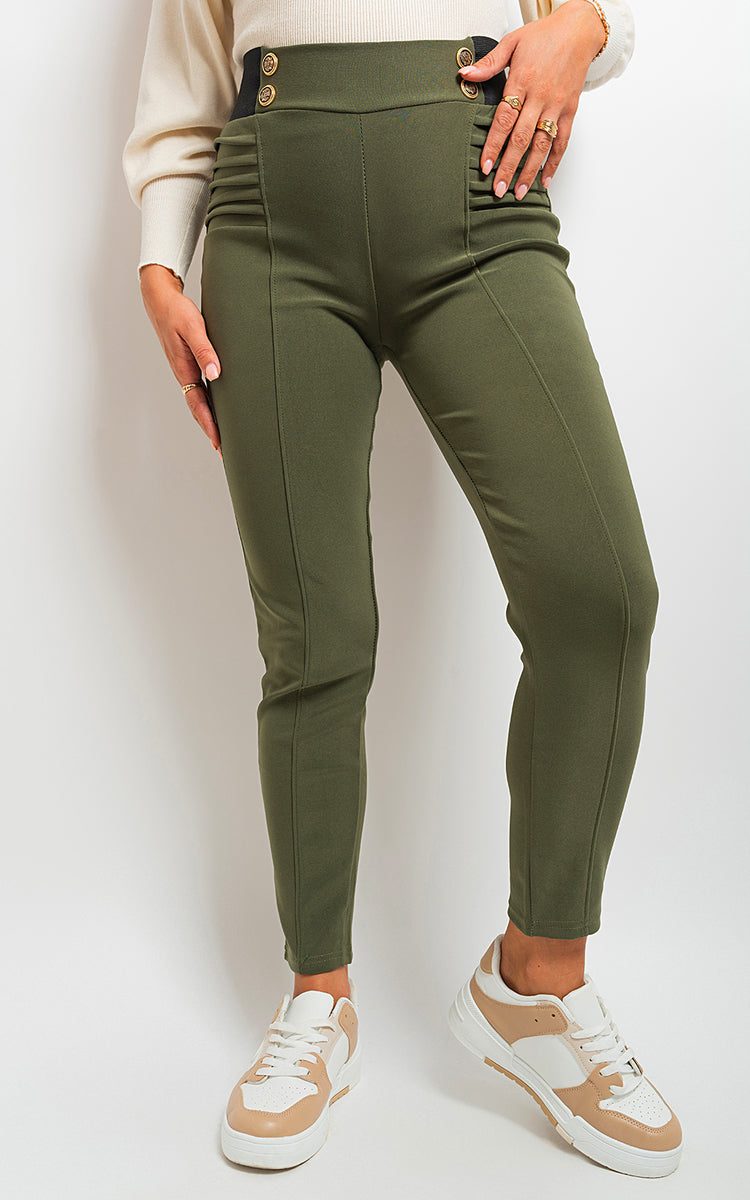 Elastic Waist Button Detail Leggings - Black River UK