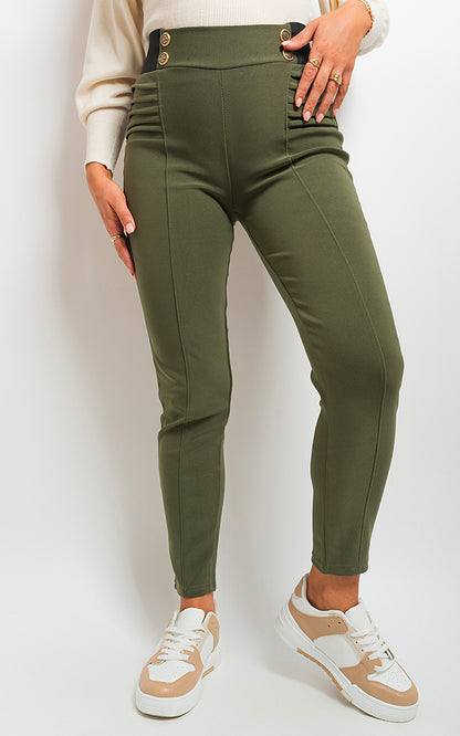 Elastic Waist Button Detail Leggings - Black River UK