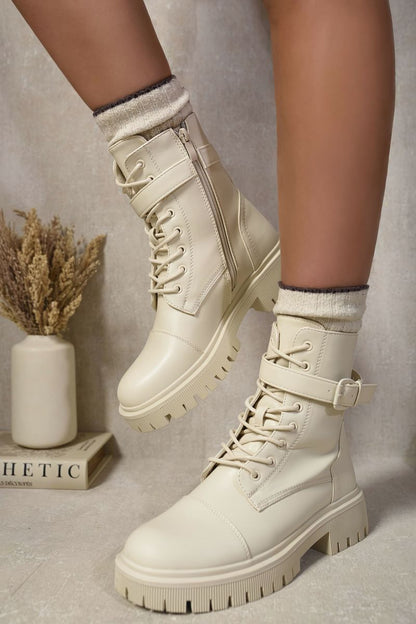 Lace Up Buckle Chunky Combat Boots - Black River UK