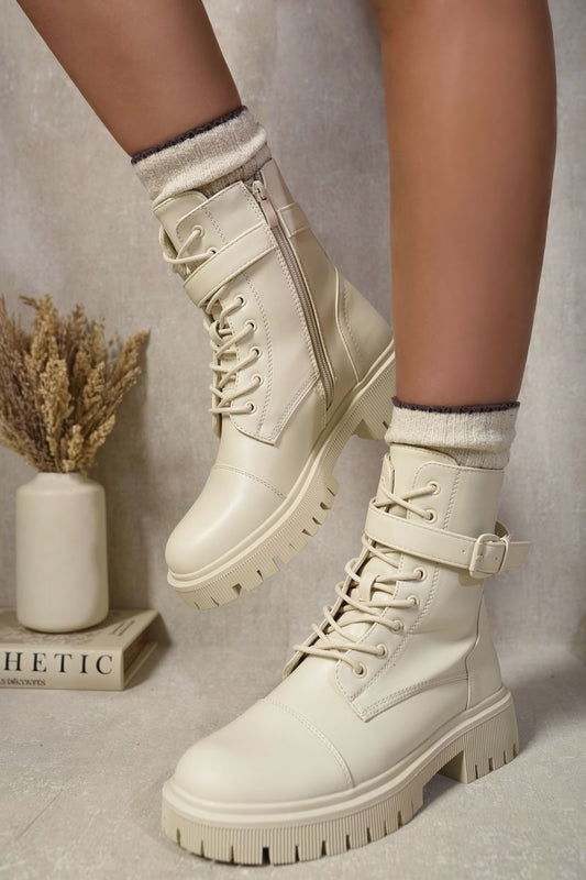 Lace Up Buckle Chunky Combat Boots - Black River UK