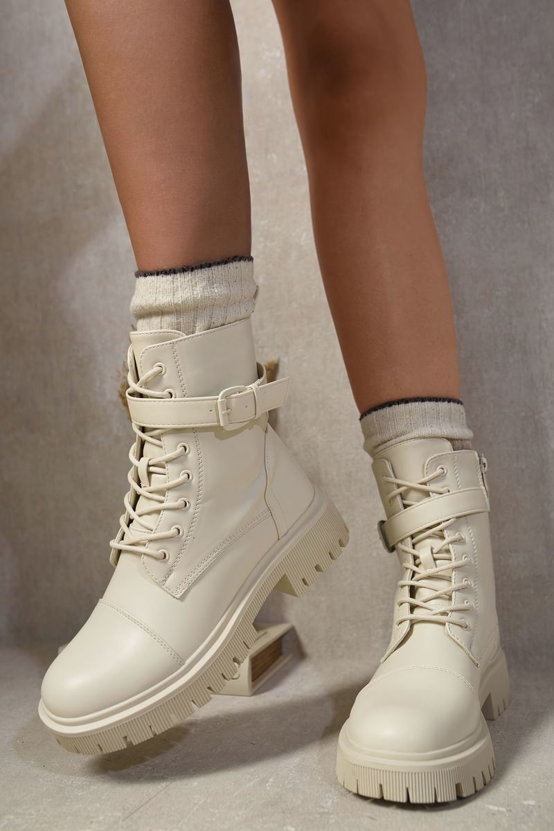 Lace Up Buckle Chunky Combat Boots - Black River UK