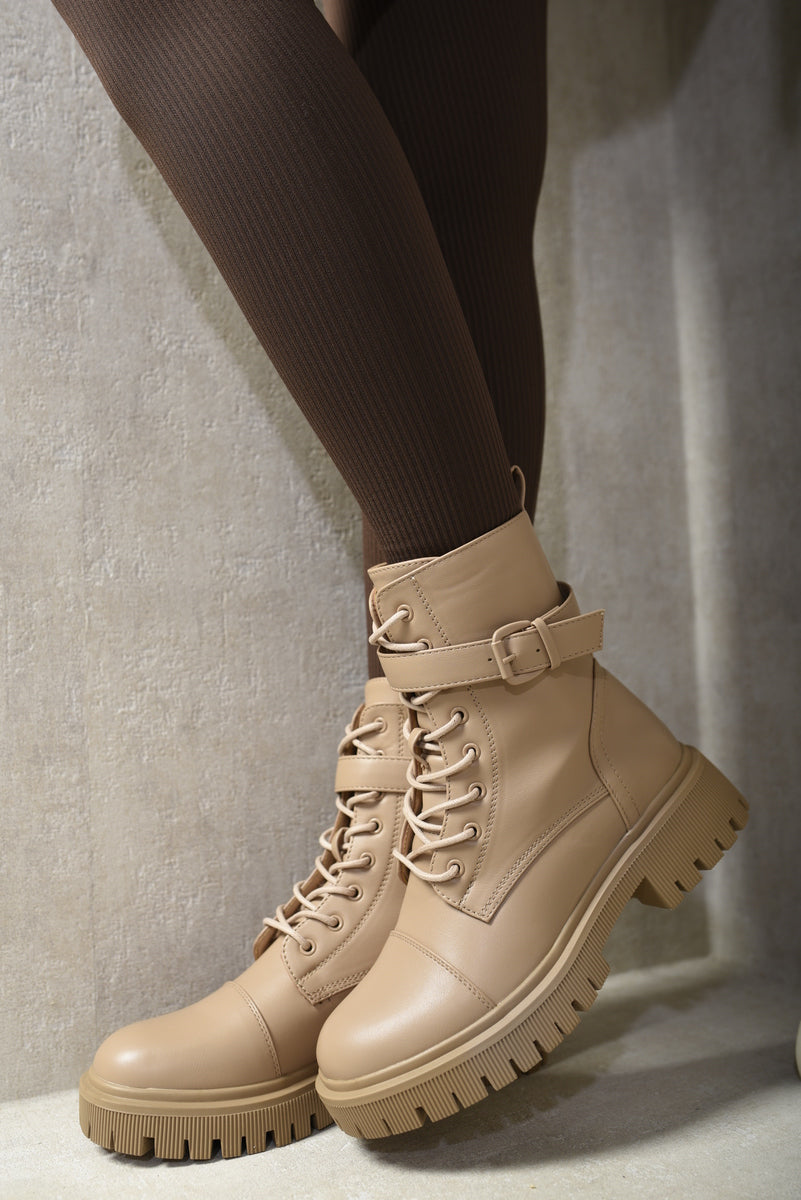 Lace Up Buckle Chunky Combat Boots - Black River UK