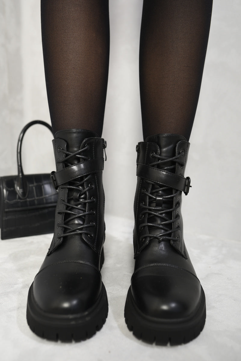 Lace Up Buckle Chunky Combat Boots - Black River UK