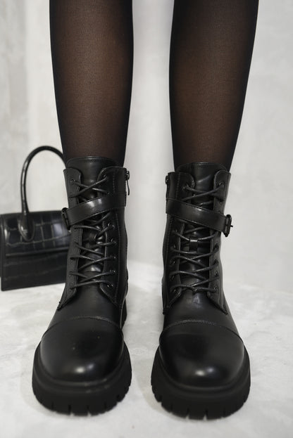 Lace Up Buckle Chunky Combat Boots - Black River UK