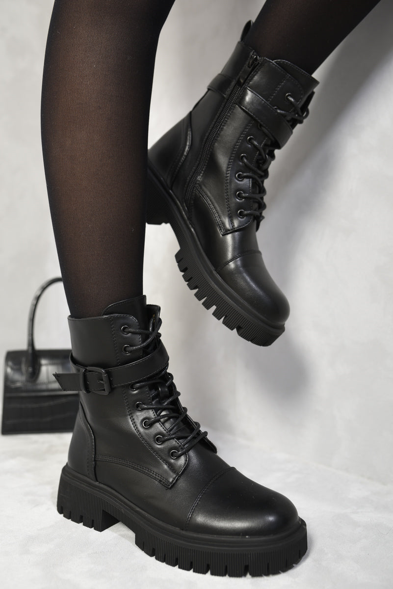Lace Up Buckle Chunky Combat Boots - Black River UK