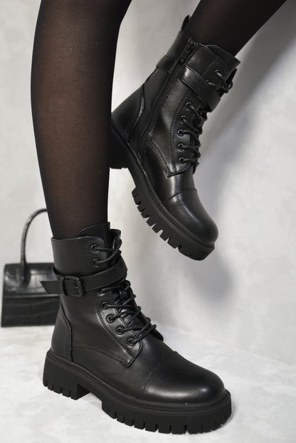 Lace Up Buckle Chunky Combat Boots - Black River UK