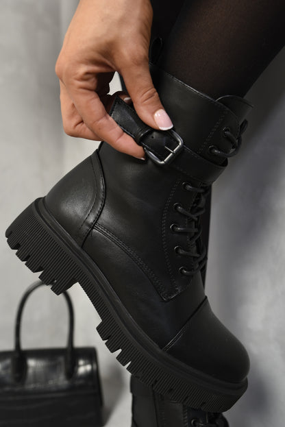 Lace Up Buckle Chunky Combat Boots - Black River UK