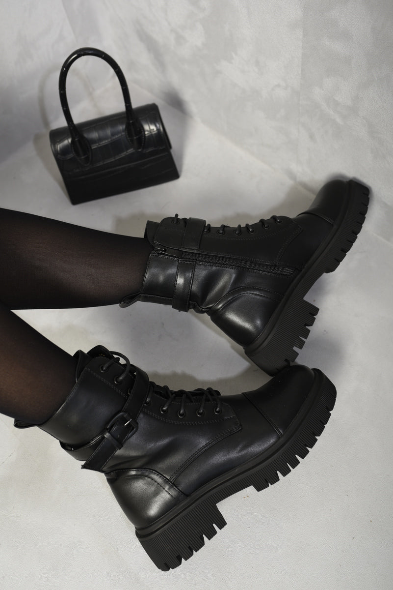 Lace Up Buckle Chunky Combat Boots - Black River UK